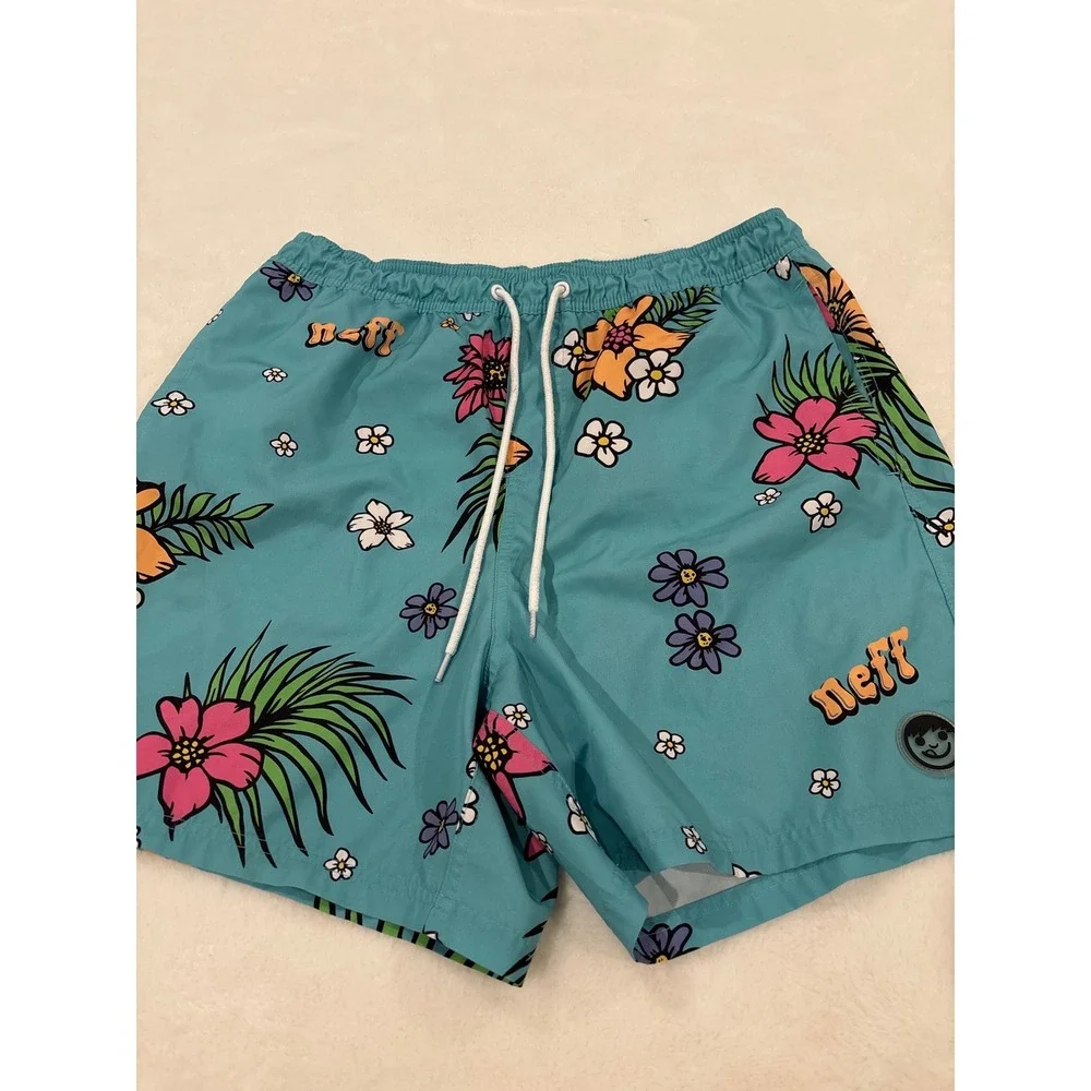Neff Mens Teal Blue Tropical Floral Swim Trunks Board Shorts XL Hibiscus Palm